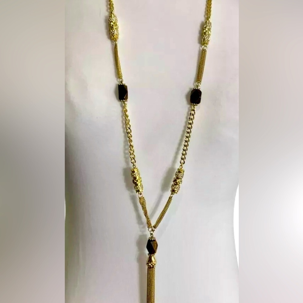White House Black Market WHBM Long Necklace 39" Gold Tone Tassel Brown Stone